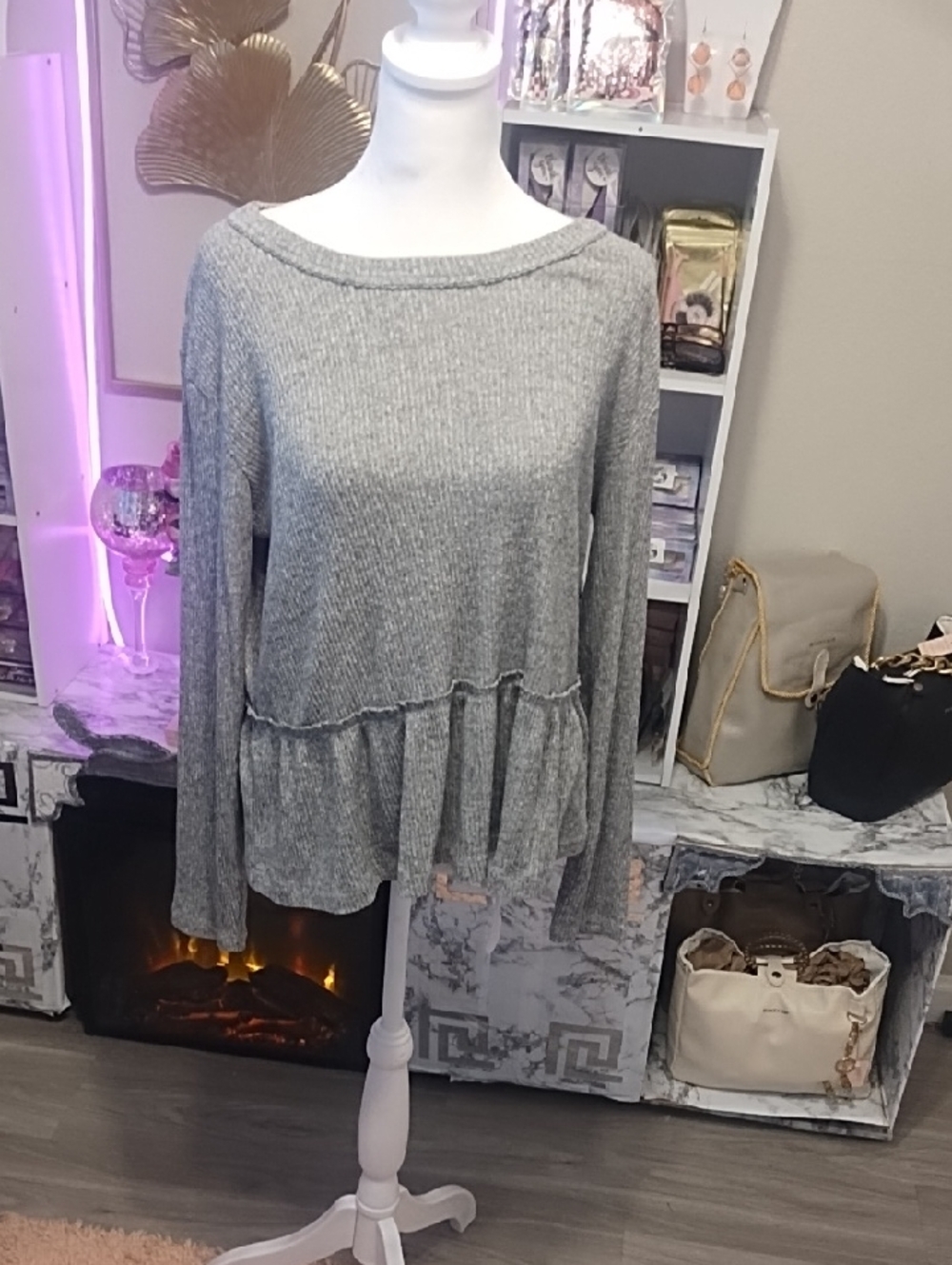 UpWest Gray Ribbed Peplum Scoop Sweater